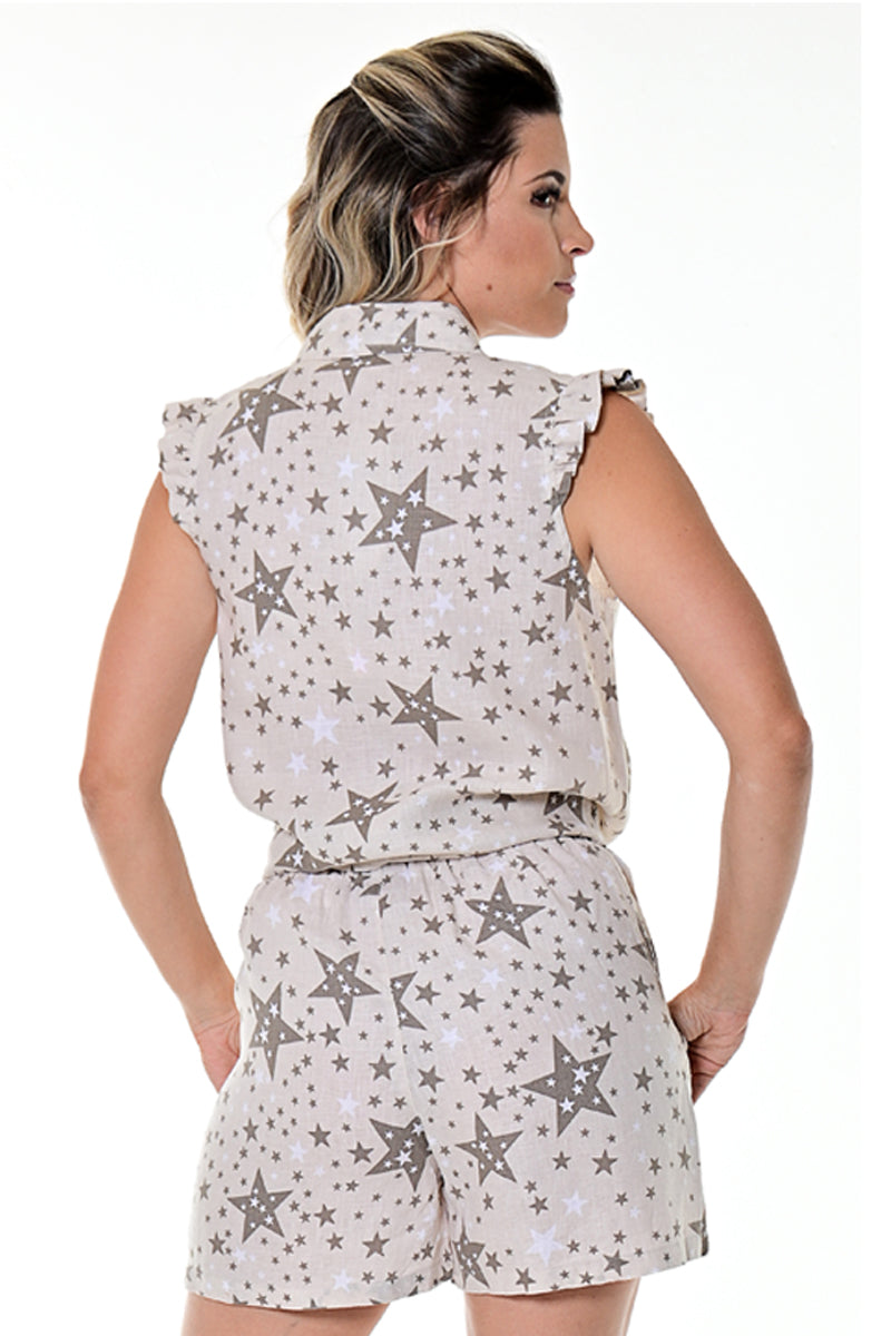 AZUCAR LADIES SLEEVELESS BLOUSE WITH RUFFLES 100% LINEN IN NATURAL BACK VIEW ON MODEL  - LLWB115