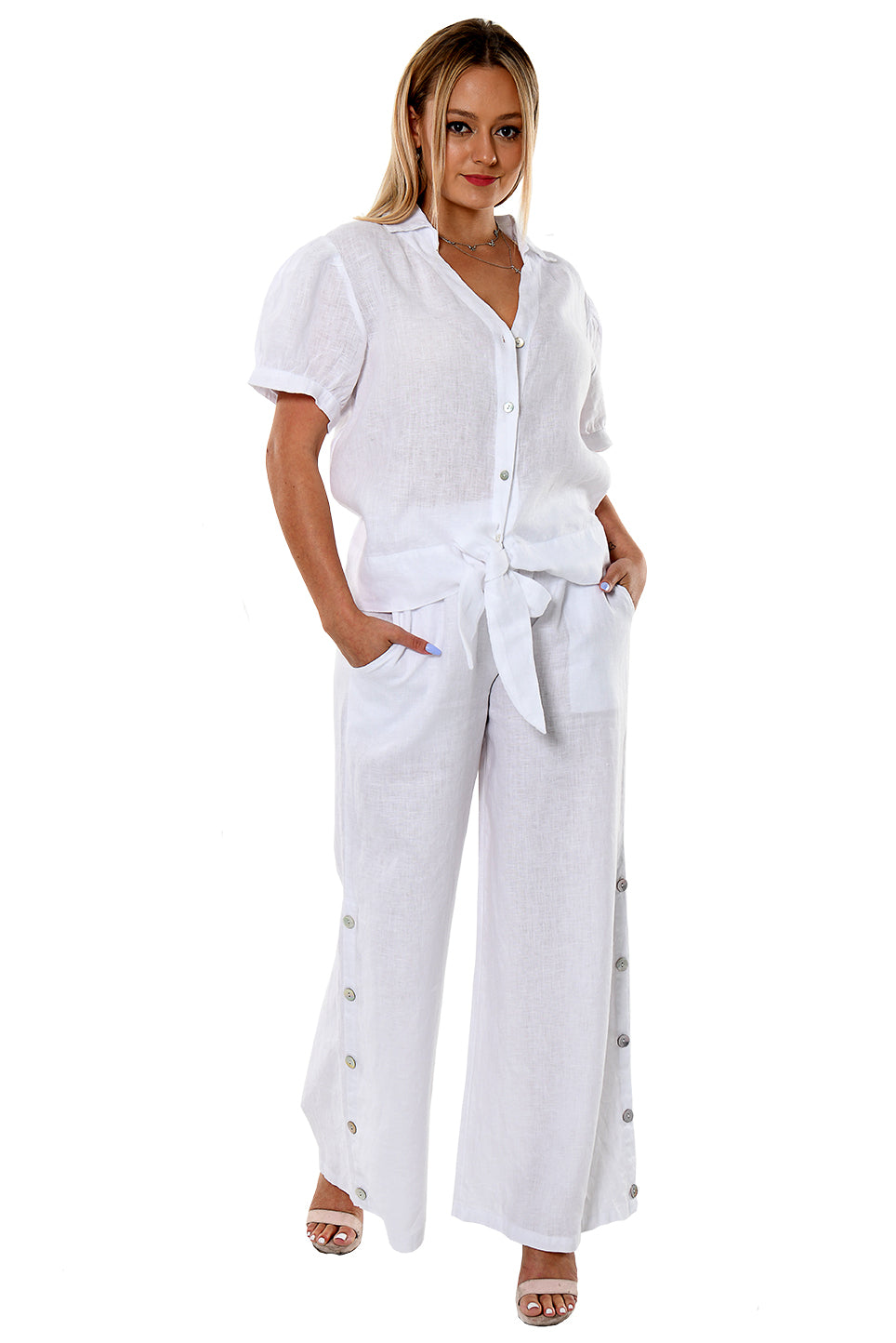 Azucar Ladies Linen S/S Front Tie Blouse- LLWB2087