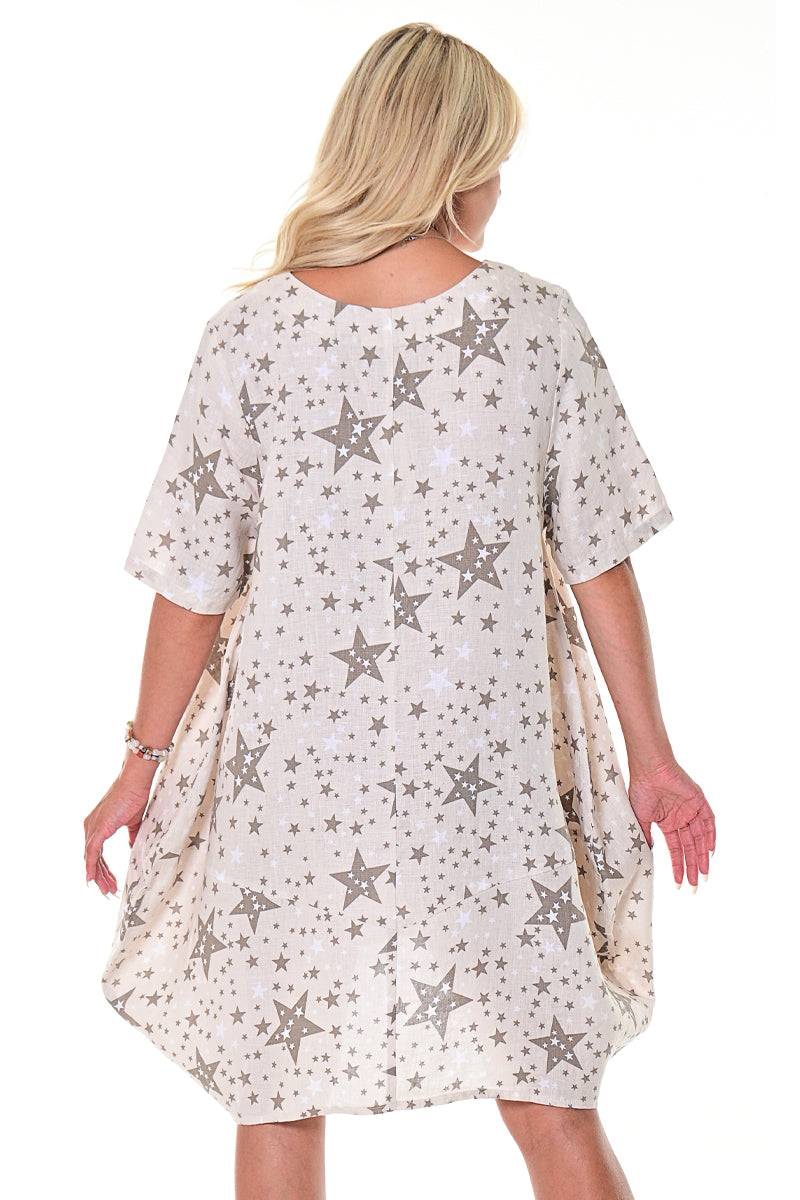 AZUCAR LADIES SHORT SLEEVES DRESS WITH POCKETS 100% LINEN - natural back view - LLWD105