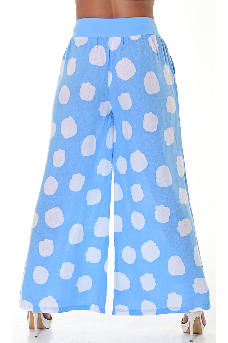 AZUCAR LADIES LONG LOOSE PANTS WITH POLKA DOTS 100% LINEN - lt blue/white polka dot back  - LLWP104
