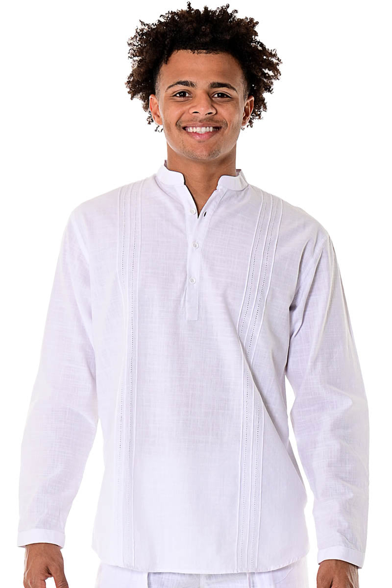 Bohio Men's Cotton Beach Summer Casual Pin-Tuck Banded Collar Long Sleeve Shirt in (3) Colors-MCS1079 - Casual Tropical Wear