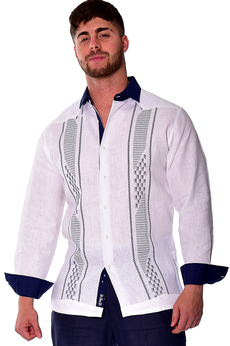 Bohio Mens 100% Linen Embroidered Front Guayabera Style Long Sleeve Shirt - MLFG2032