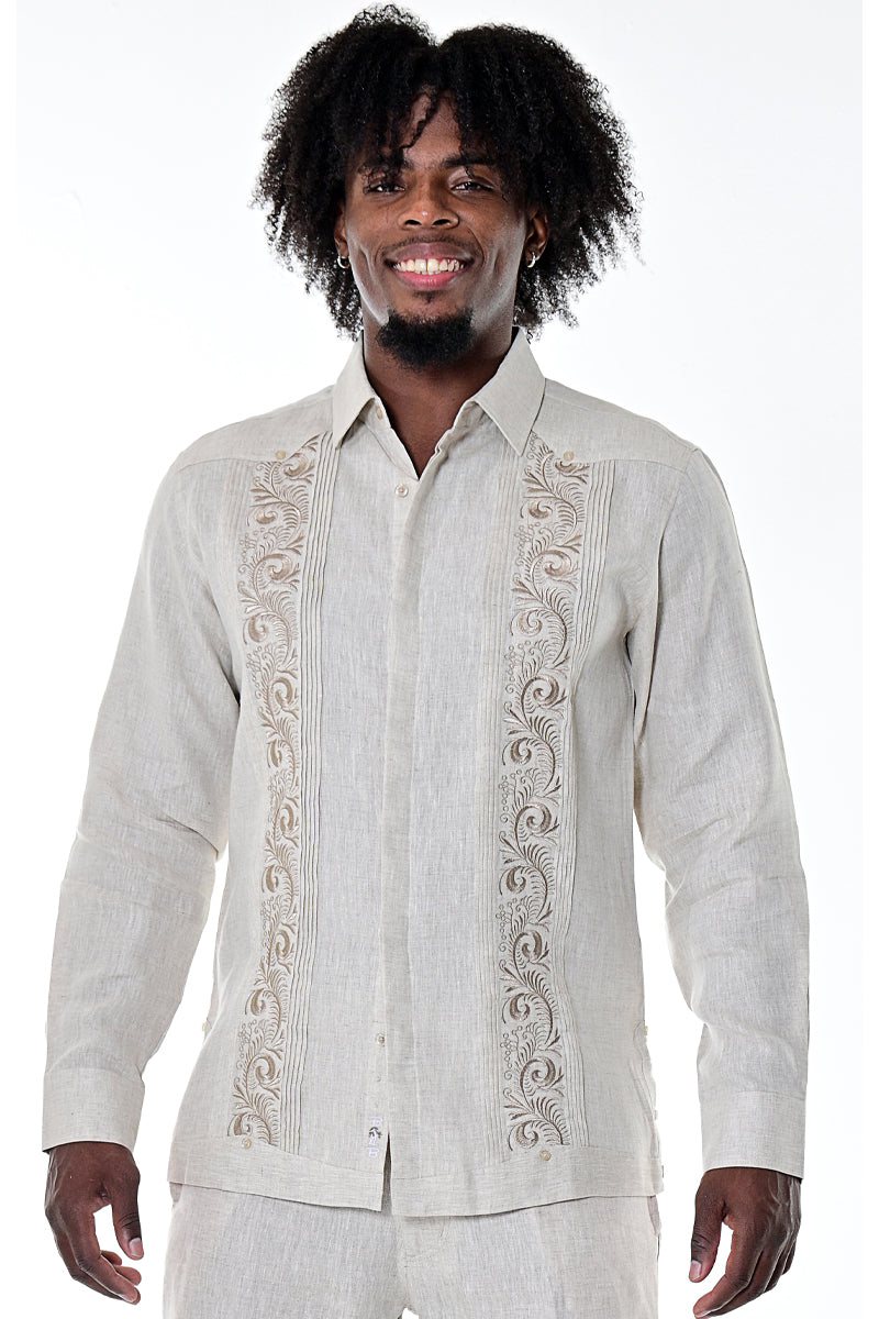 BOHIO MENS FANCY GUAYABERA SHIRT STYLE BUTTON UP FRONT EMBROIDERED WITH CUFF 100% LINEN - natural - MLG1685