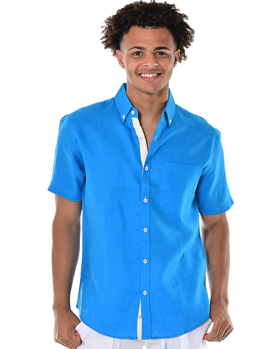 Bohio Men's 100% Linen Short Sleeve Shirt w/Pocket & Contrast Buttons in (2) Colors-MLS1554 - Casual Tropical Wear