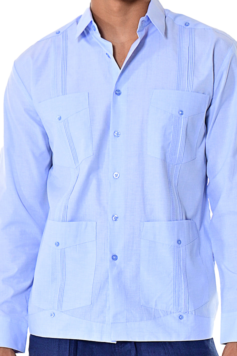 Bohio Mens Cuban Style Guayabera Shirt (4) Pkt Chacavana Long Sleeve Casual Button Up lt blue close up