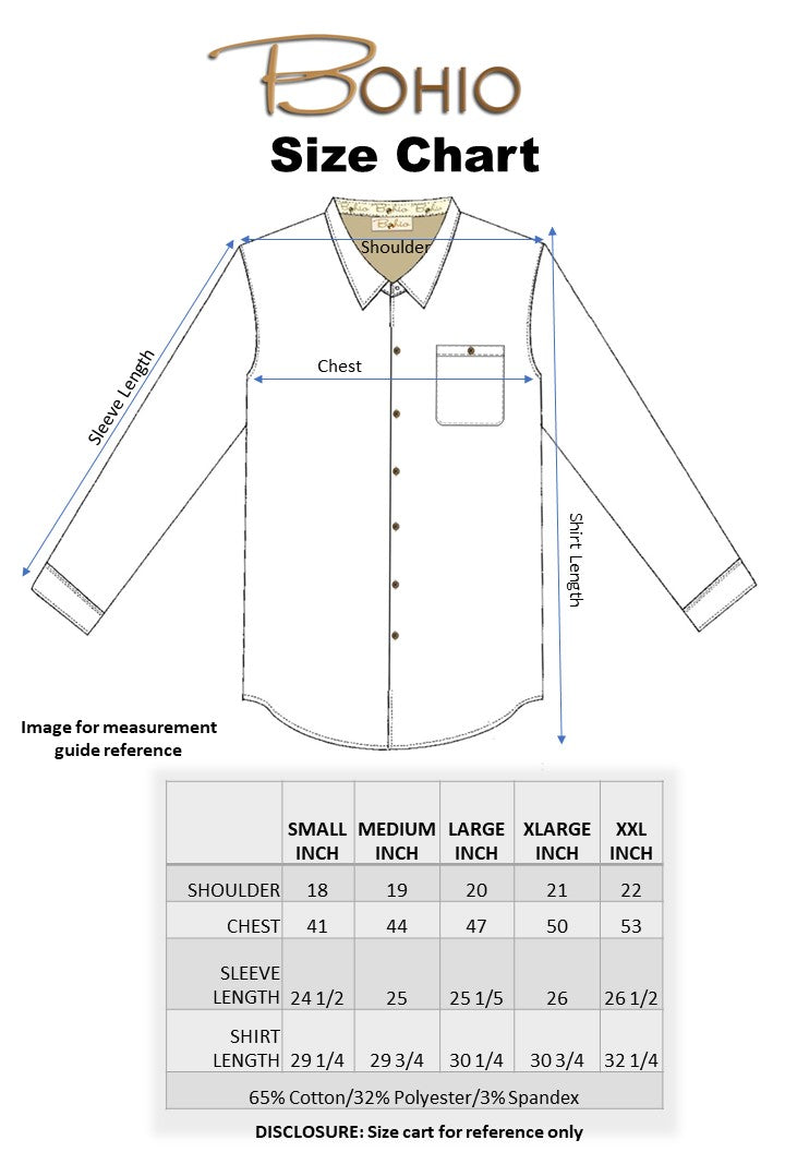 Bohio Mens Casual Print Shirt - Vacay Long Sleeve Button Up Night Life - MXL1673 size chart 